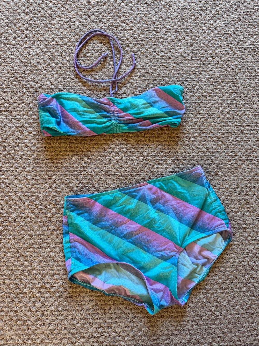 Vintage Teal & Purple Striped Two-Piece Swim Set